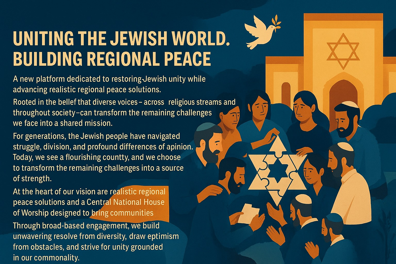 Diverse Jewish individuals assembling a Star of David puzzle in front of a central national house of worship, with a dove of peace overhead.